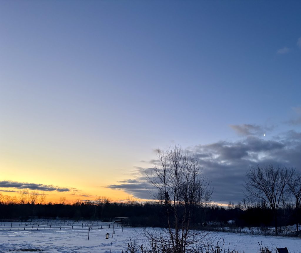 Winter sunrise over snowy Midwest landscape at dawn